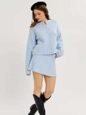 Light Blue Knit Cardigan Sweater Button Front Crew Neck Long Sleeve #D69